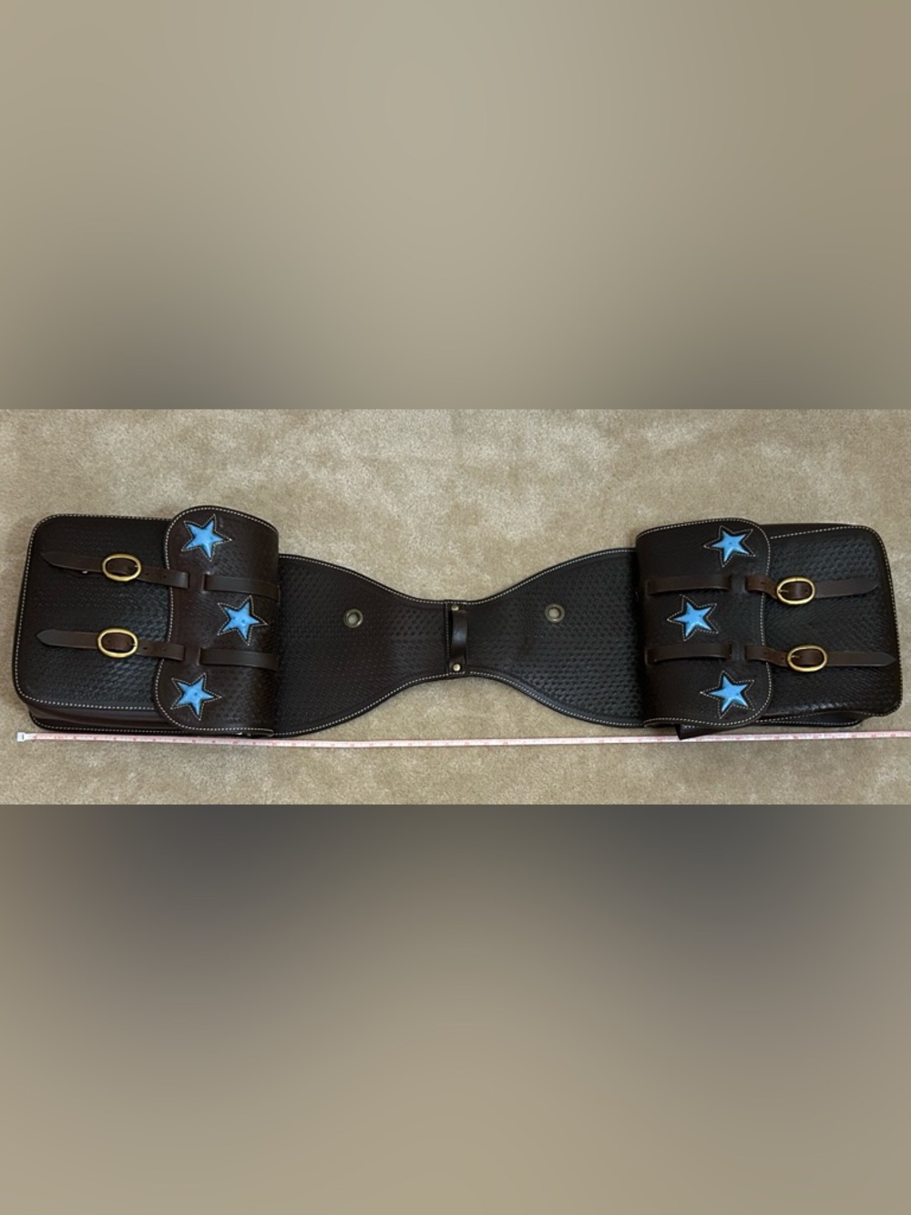 Leather Saddle Bags with Star Design & Gold Hardware 43” Long - Picture 5 of 6